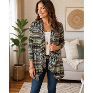 Susan Graver Boho Waterfall Cardigan L Geometric Open Front Stretch